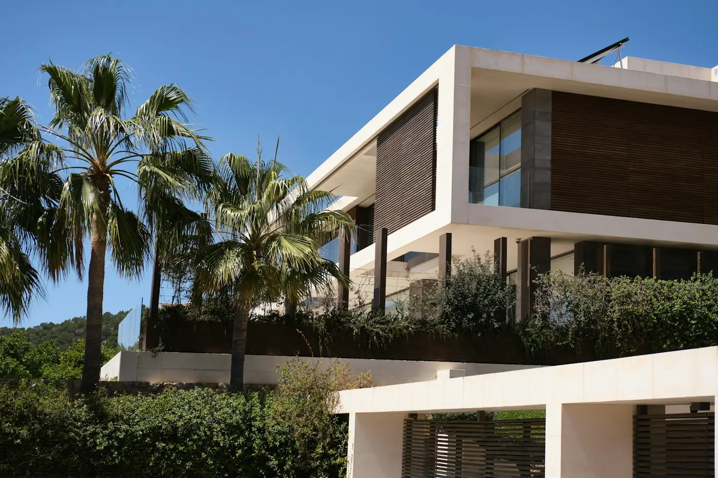 Vivienda moderna de estilo mediterráneo rodeada de palmeras